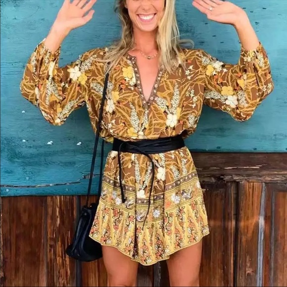 Long Sleeve Boho Floral Gypsy Print Dress Yellow - Picture 10 of 10